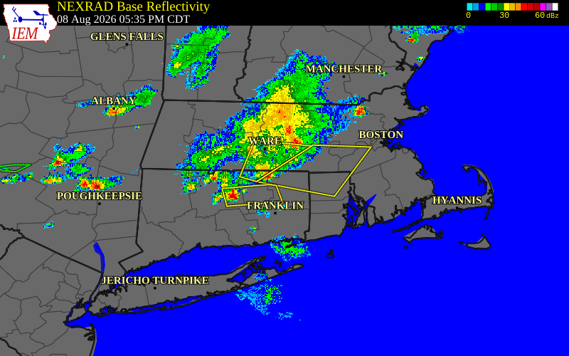 Radar snapshot during the Aug 8, 2026 wind event near 3 WNW Woodstock, Windham County, Connecticut, with NWS warning polygons