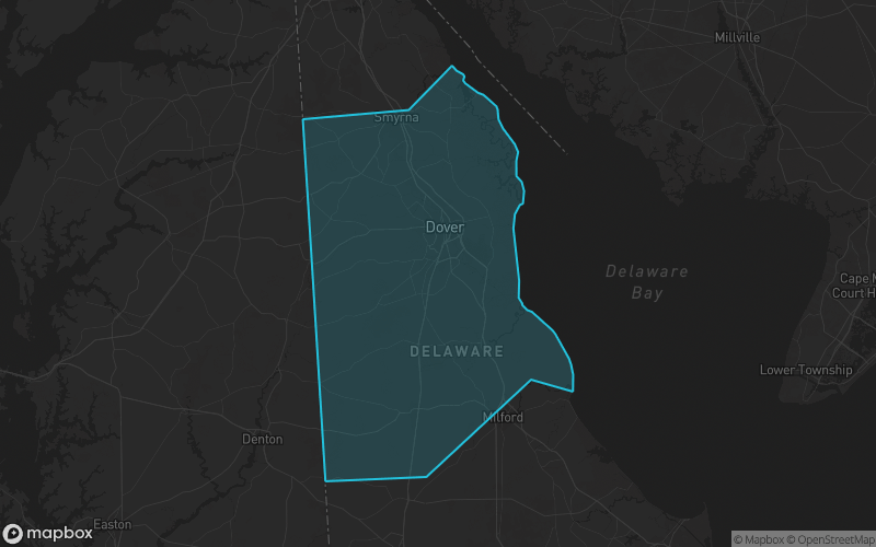 Map of Kent County, Delaware showing the county boundary and surrounding cities