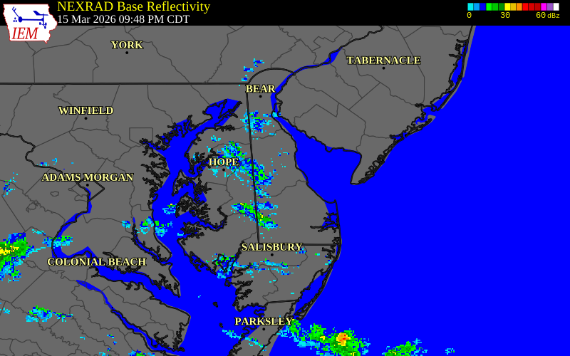 NEXRAD radar during the Sunday, March 15, 2026 storm activity in Kent County, Delaware