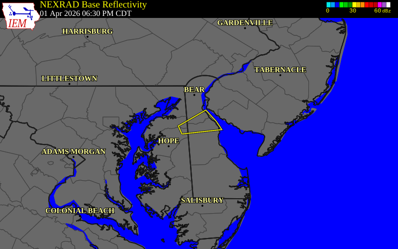NEXRAD radar during the Wednesday, April 1, 2026 storm activity in Kent County, Delaware