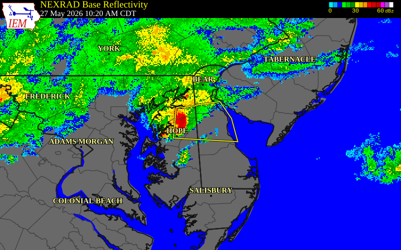 NEXRAD radar during the Wednesday, May 27, 2026 storm activity in Kent County, Delaware