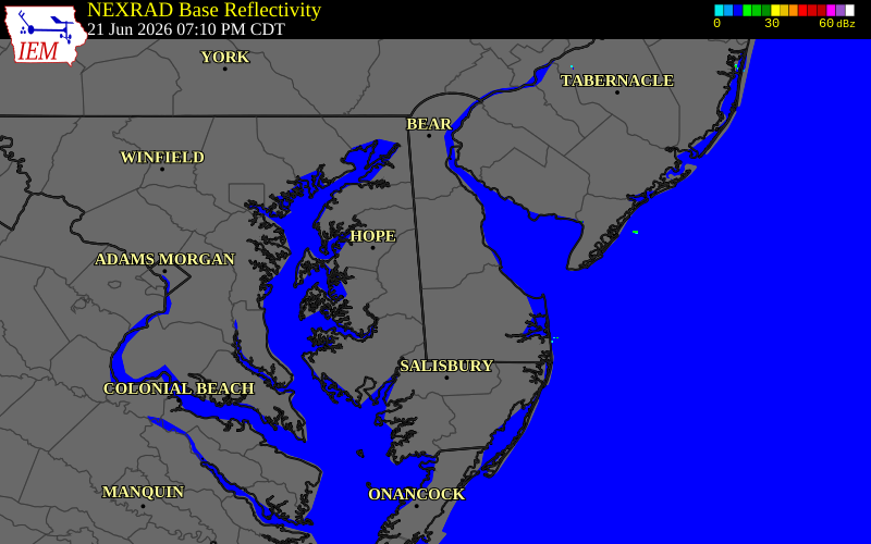 NEXRAD radar during the Sunday, June 21, 2026 storm activity in Kent County, Delaware