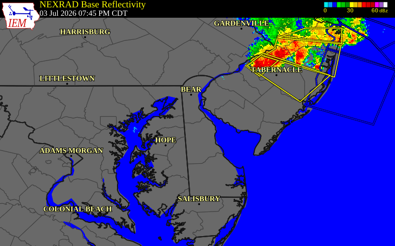 NEXRAD radar during the Friday, July 3, 2026 storm activity in Kent County, Delaware