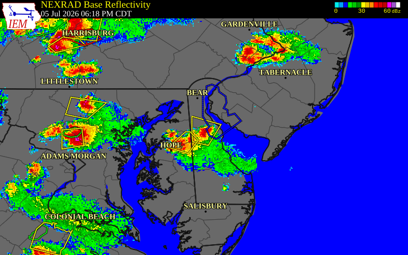 NEXRAD radar during the Sunday, July 5, 2026 storm activity in Kent County, Delaware