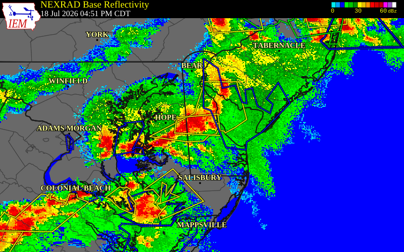 NEXRAD radar during the Saturday, July 18, 2026 storm activity in Kent County, Delaware
