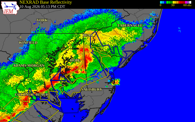 NEXRAD radar during the Monday, August 10, 2026 storm activity in Kent County, Delaware
