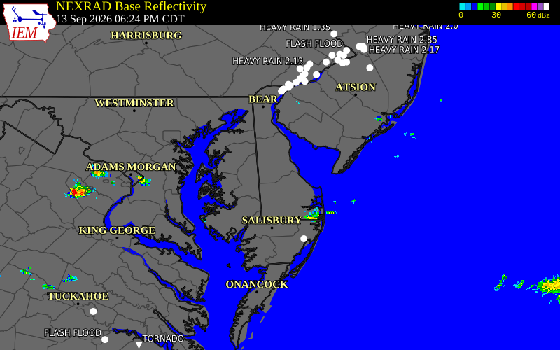 Current NEXRAD radar over Kent County, Delaware with recent storm report locations