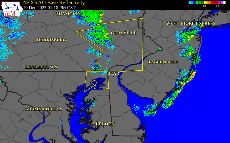 NEXRAD radar during the Friday, December 19, 2025 storm activity in New Castle County, Delaware