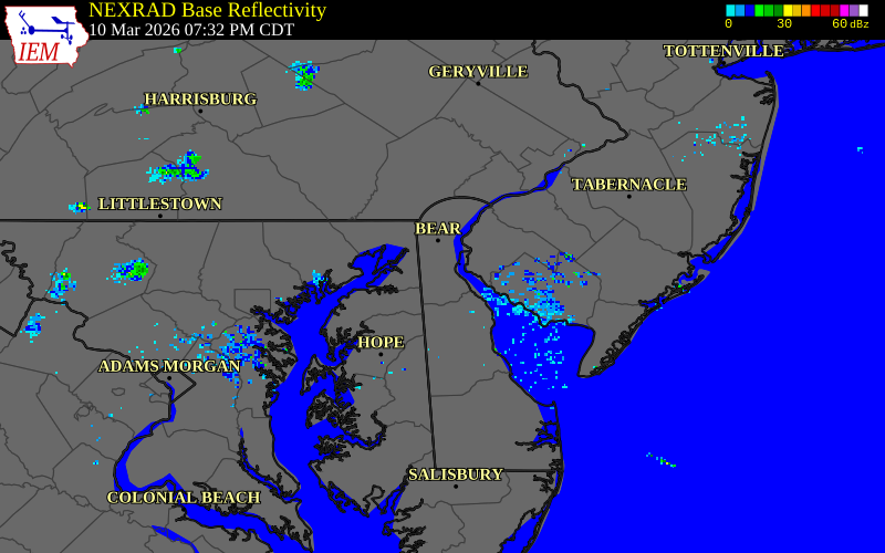 NEXRAD radar during the Tuesday, March 10, 2026 storm activity in New Castle County, Delaware