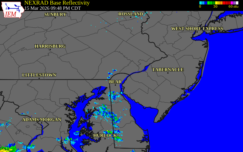 NEXRAD radar during the Sunday, March 15, 2026 storm activity in New Castle County, Delaware