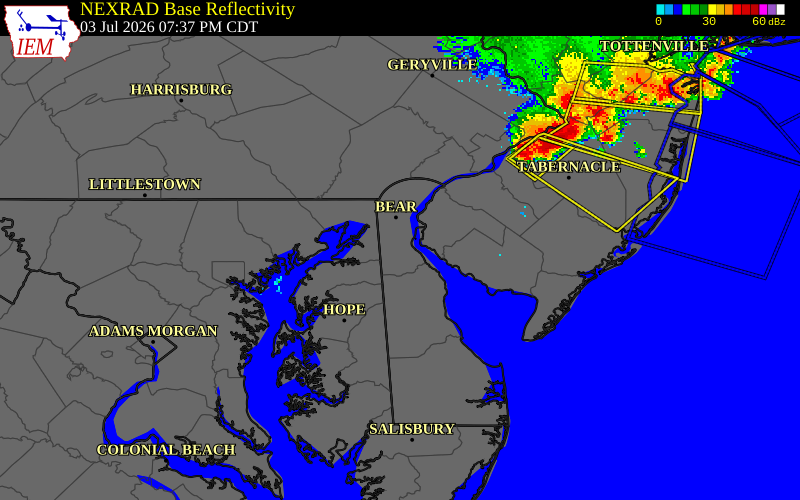 NEXRAD radar during the Friday, July 3, 2026 storm activity in New Castle County, Delaware