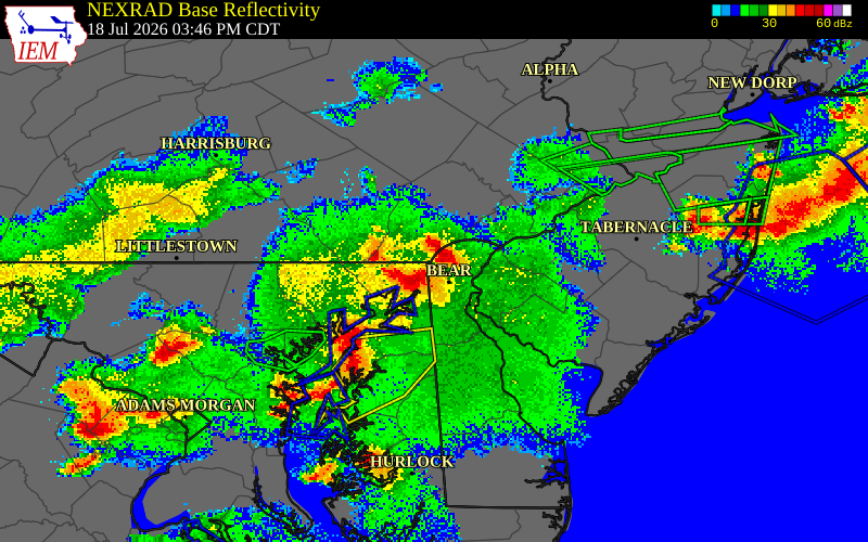 NEXRAD radar during the Saturday, July 18, 2026 storm activity in New Castle County, Delaware