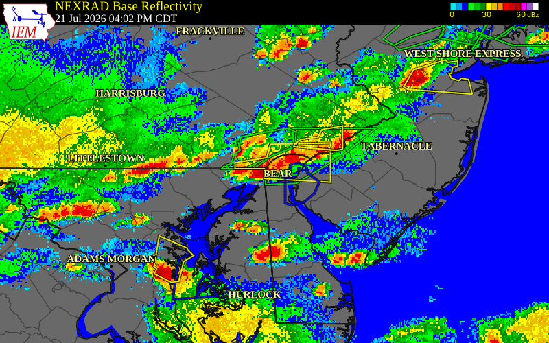 NEXRAD radar during the Tuesday, July 21, 2026 storm activity in New Castle County, Delaware