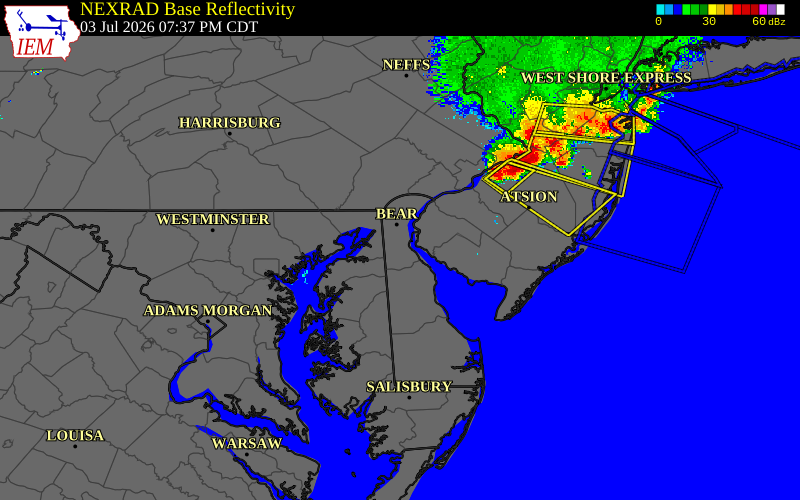 Radar snapshot during the Jul 3, 2026 wind event near 1 S Odessa, New Castle County, Delaware, with NWS warning polygons