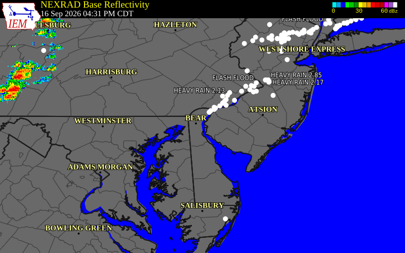 Current NEXRAD radar over New Castle County, Delaware with recent storm report locations