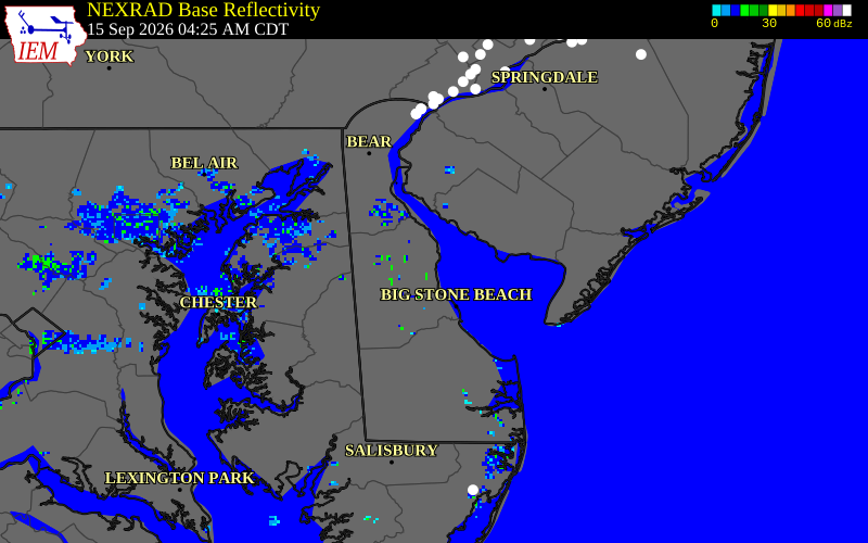 Current NEXRAD radar across Delaware with recent storm report locations
