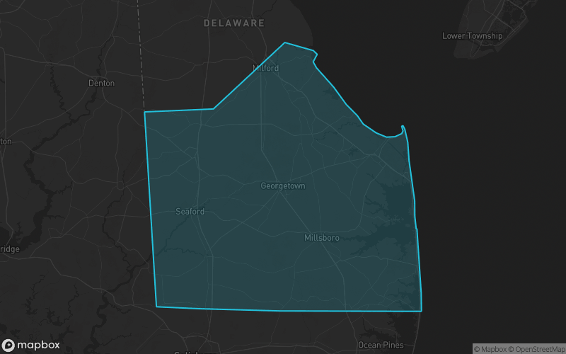 Map of Sussex County, Delaware showing the county boundary and surrounding cities