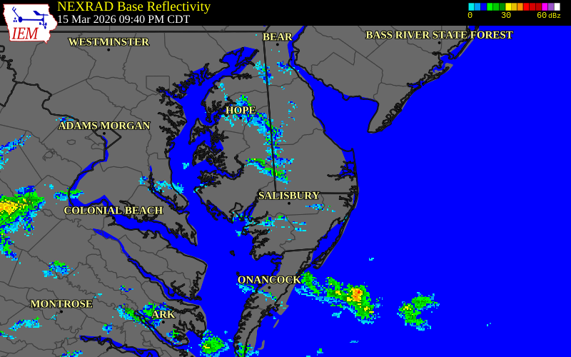NEXRAD radar during the Sunday, March 15, 2026 storm activity in Sussex County, Delaware