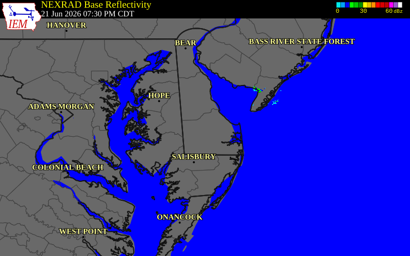 NEXRAD radar during the Sunday, June 21, 2026 storm activity in Sussex County, Delaware