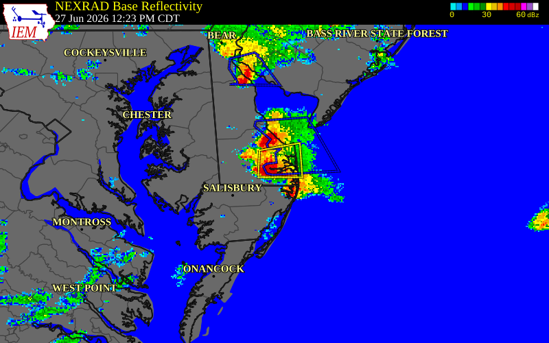 NEXRAD radar during the Saturday, June 27, 2026 storm activity in Sussex County, Delaware