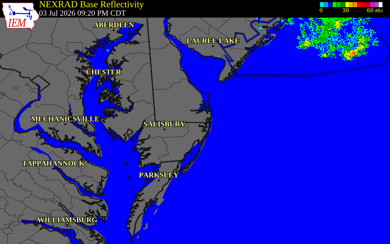 NEXRAD radar during the Friday, July 3, 2026 storm activity in Sussex County, Delaware