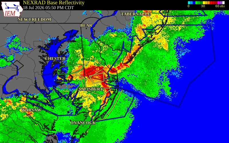 NEXRAD radar during the Saturday, July 18, 2026 storm activity in Sussex County, Delaware
