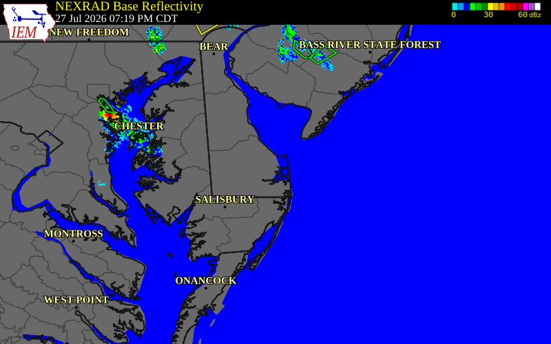 NEXRAD radar during the Monday, July 27, 2026 storm activity in Sussex County, Delaware
