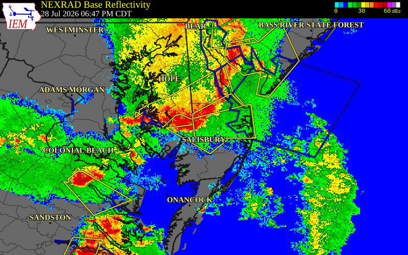 NEXRAD radar during the Tuesday, July 28, 2026 storm activity in Sussex County, Delaware