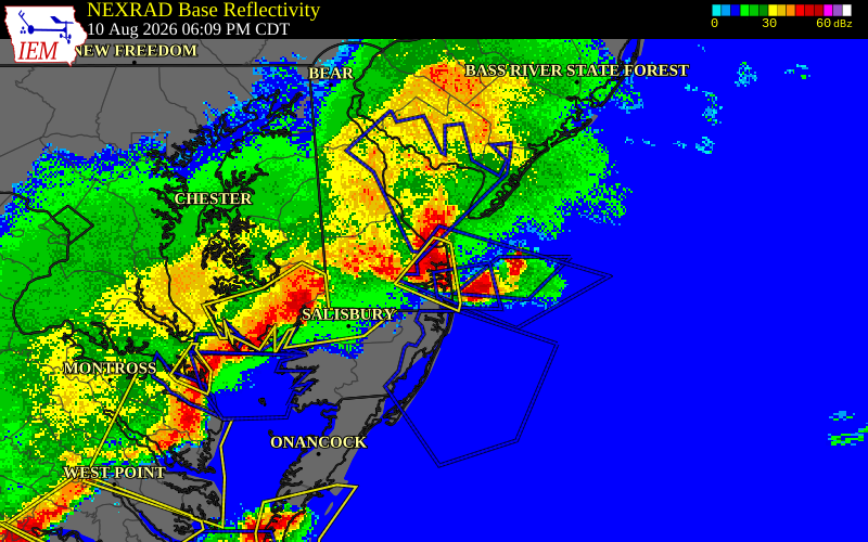 NEXRAD radar during the Monday, August 10, 2026 storm activity in Sussex County, Delaware