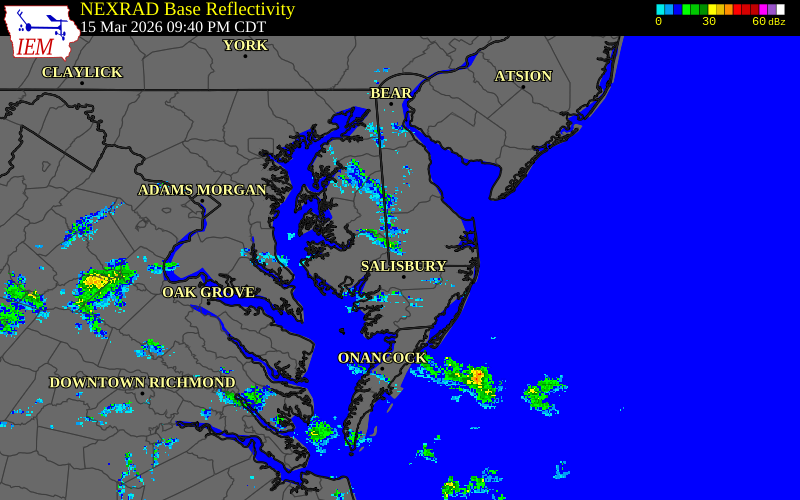 Radar snapshot during the Mar 15, 2026 wind event near Bethel, Sussex County, Delaware, with NWS warning polygons
