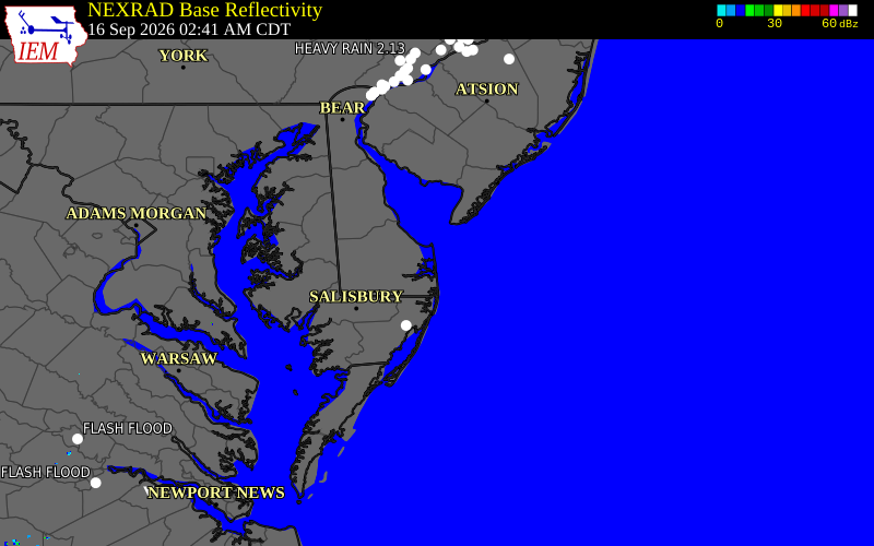 Current NEXRAD radar over Sussex County, Delaware with recent storm report locations