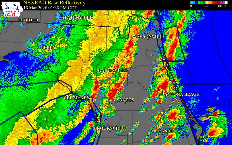 NEXRAD radar during the Monday, March 16, 2026 storm activity in Alachua County, Florida