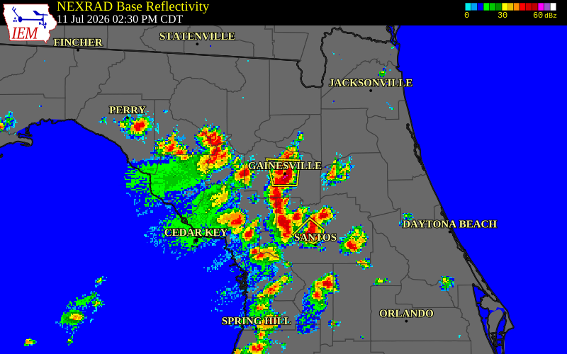 NEXRAD radar during the Saturday, July 11, 2026 storm activity in Alachua County, Florida