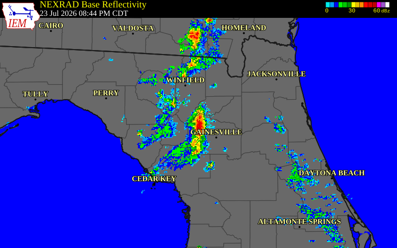 NEXRAD radar during the Thursday, July 23, 2026 storm activity in Alachua County, Florida
