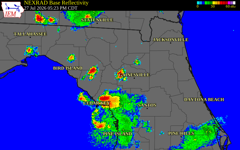 NEXRAD radar during the Monday, July 27, 2026 storm activity in Alachua County, Florida