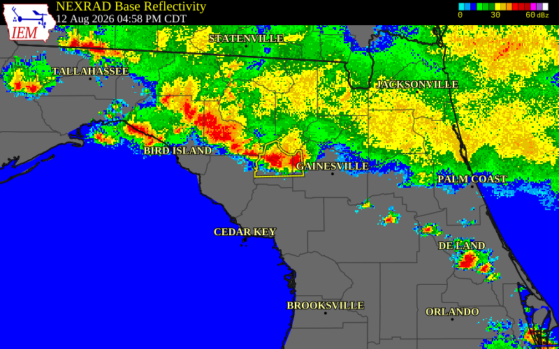 NEXRAD radar during the Wednesday, August 12, 2026 storm activity in Alachua County, Florida