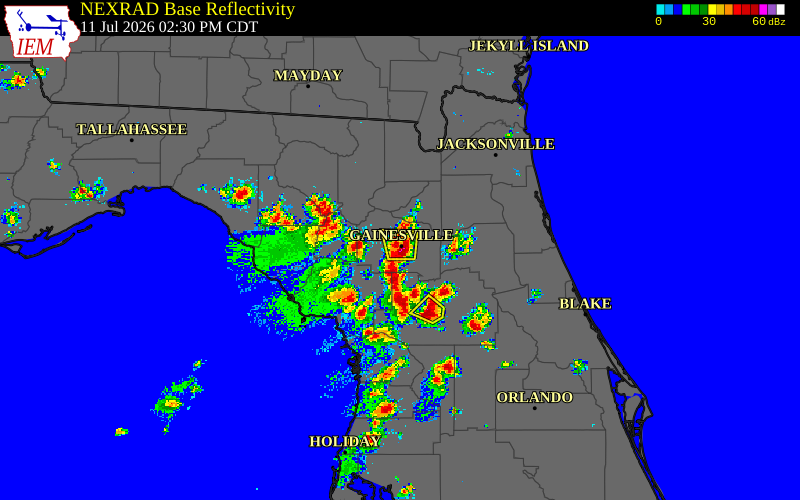 Radar snapshot during the Jul 11, 2026 wind event near 1 NE University of Flor, Alachua County, Florida, with NWS warning polygons