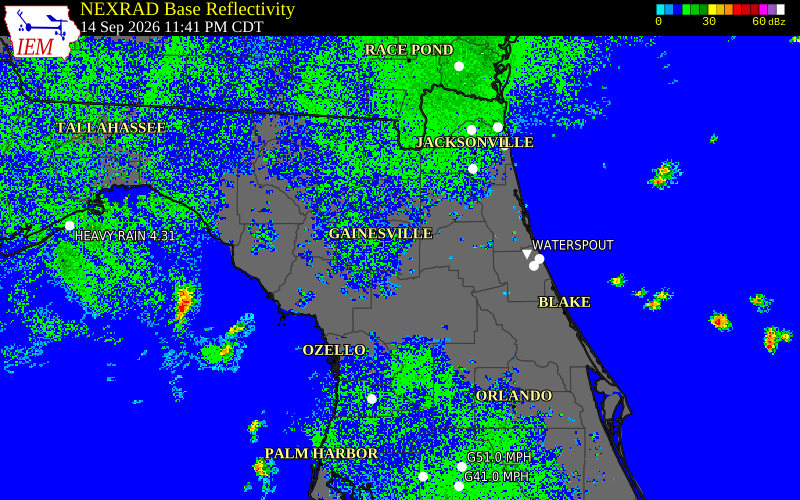 Current NEXRAD radar over Alachua County, Florida with recent storm report locations