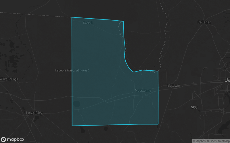 Map of Baker County, Florida showing the county boundary and surrounding cities
