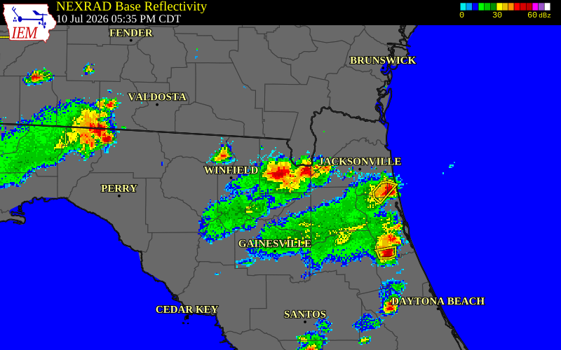 NEXRAD radar during the Friday, July 10, 2026 storm activity in Baker County, Florida
