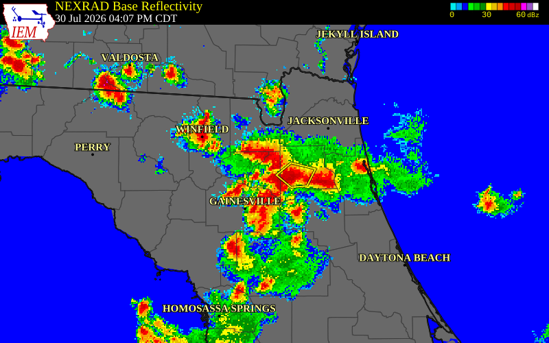 NEXRAD radar during the Thursday, July 30, 2026 storm activity in Baker County, Florida