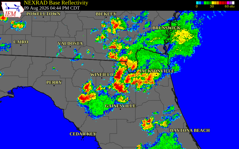 NEXRAD radar during the Sunday, August 9, 2026 storm activity in Baker County, Florida
