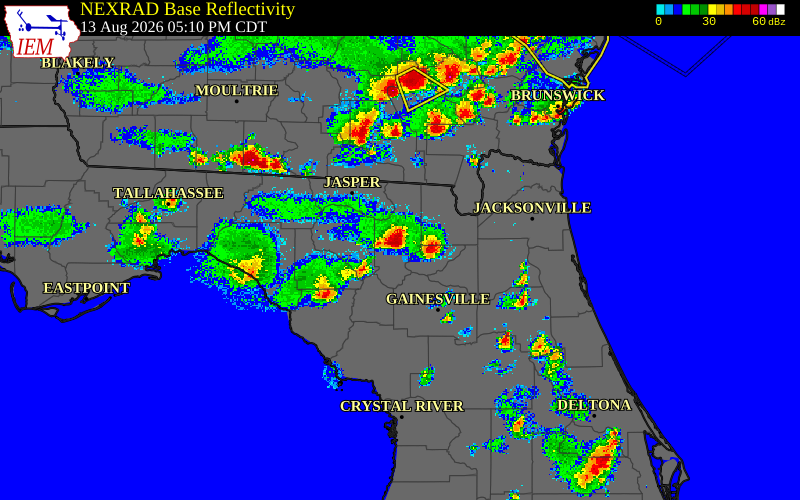 Radar snapshot during the Aug 12, 2026 wind event near Baker County, Baker County, Florida, with NWS warning polygons