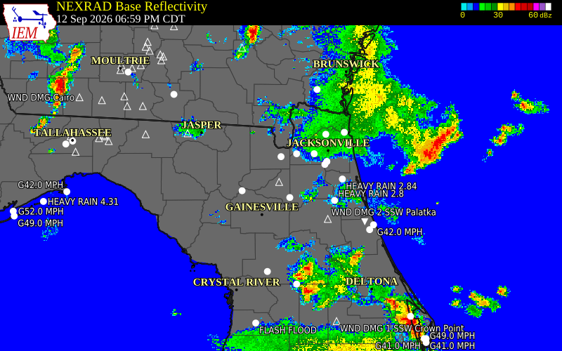 Current NEXRAD radar over Baker County, Florida with recent storm report locations