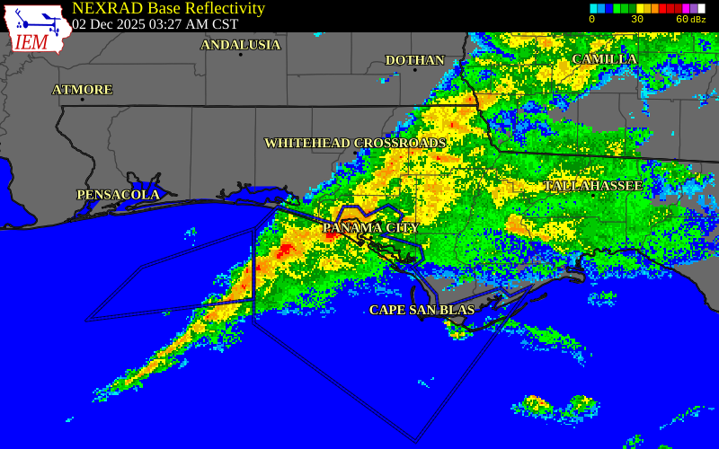 NEXRAD radar during the Tuesday, December 2, 2025 storm activity in Bay County, Florida
