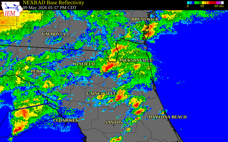 NEXRAD radar during the Saturday, May 9, 2026 storm activity in Bradford County, Florida