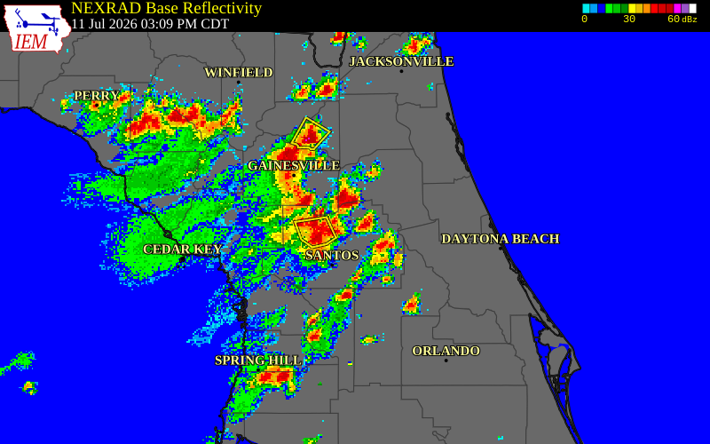 NEXRAD radar during the Saturday, July 11, 2026 storm activity in Bradford County, Florida