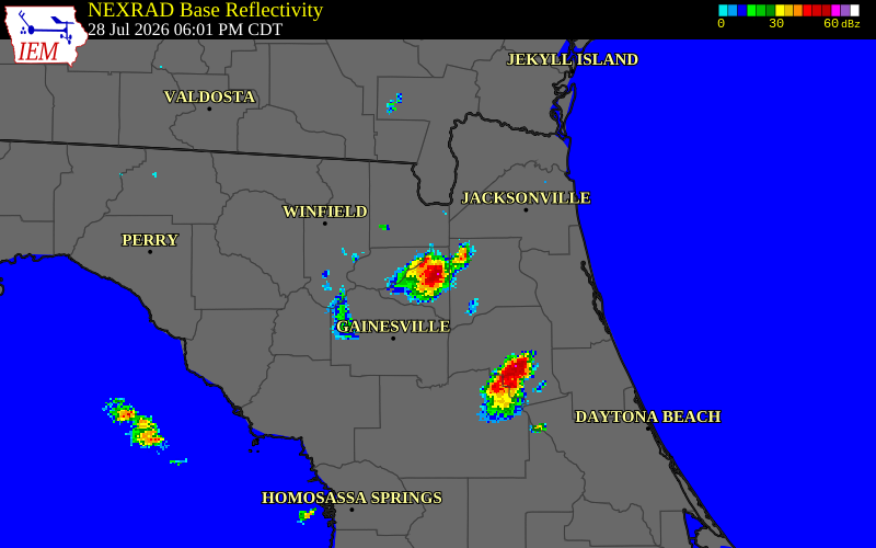 NEXRAD radar during the Tuesday, July 28, 2026 storm activity in Bradford County, Florida