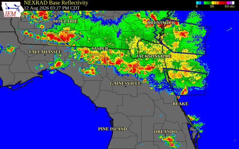 Radar snapshot during the Aug 12, 2026 wind event near Bradford County, Bradford County, Florida, with NWS warning polygons