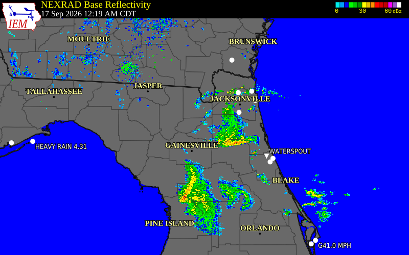 Current NEXRAD radar over Bradford County, Florida with recent storm report locations